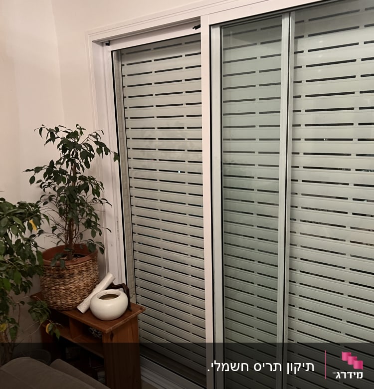 תריסים לבנים עם חריצים אופקיים על חלון זכוכית